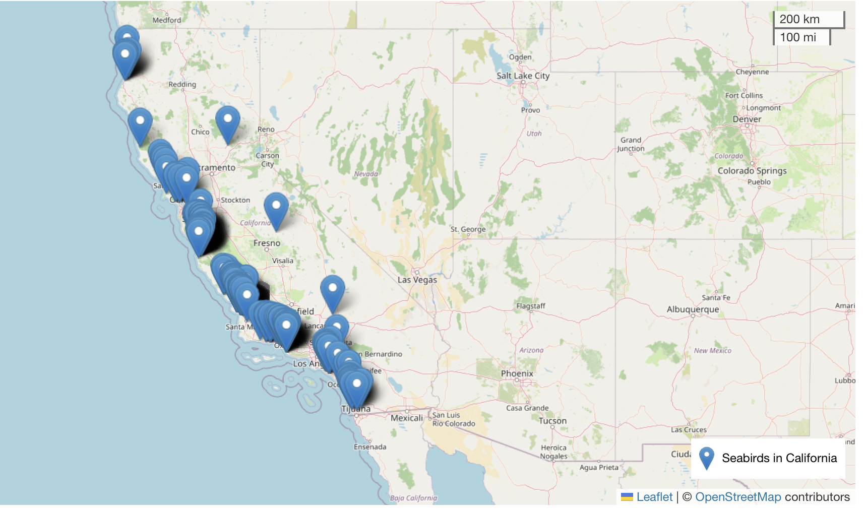Map of the Southern California coast showing all of the locations where Common Murres have been reported by wildlife rehabilitation organizations